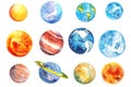 Set of different watercolor painted planet illustration on white background Royalty Free Stock Photo