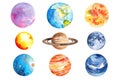 Set of different watercolor painted planet illustration on white background Royalty Free Stock Photo