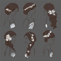 Set of different wedding hairstyles for brunettes with flowers on a dark background Royalty Free Stock Photo