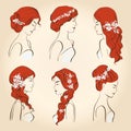 Set of different wedding hairstyles with flowers for red hair Royalty Free Stock Photo