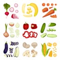 Set of different whole and sliced vegetables. Vector illustration on white background.