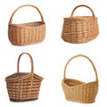 Set of different wicker baskets for picnic on background Royalty Free Stock Photo