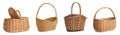 Set of different wicker baskets for picnic on background, banner design Royalty Free Stock Photo