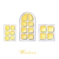 Set of different windows painted in watercolor. Watercolor illustration of Christmas winter luminous windows isolated on Royalty Free Stock Photo
