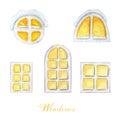 Set of different windows painted in watercolor. Watercolor illustration of Christmas winter luminous windows isolated on Royalty Free Stock Photo