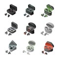 Set of different wireless headphones in rechargeable Bluetooth cases. Earbuds vector isometric 3d illustration.