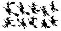 Set of 10 different witches on a Halloween broomstick on a white background - Vector