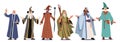 Set of Different Wizards Characters Wear Long Robe, Cloak and Hat with Wand or Magic Staff Isolated on White Background