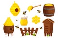 Set of different wooden beehive, cute fence, honey dipper, barrel and glass jar. Apiculture, beekeeping equipment, cartoon objects