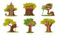 Set of different wooden houses on trees vector illustration