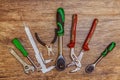 Set of different working tools on wooden background. Top view. Hand tool. Tools male workplace background texture dark wood. Copy Royalty Free Stock Photo