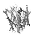 Set of different wrenches on white, top view. Plumbing tools