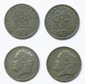 Set of 2 different years Greek 10 Drahmas copper-nickel coins lot 1976, 1984 year, Greece. The coins feature a Democritus portrait Royalty Free Stock Photo