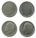 Set of 2 different years Greek 10 Drahmas copper-nickel coins lot 1988, 1992 year, Greece. The coins feature a Democritus Royalty Free Stock Photo