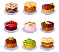 Set of different yummy colourful cakes with fruits