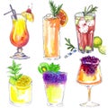 Set of diffrent watercolor cocktails, hand drawn