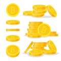 Set digital bitcoins flat style on white background. Icon finance heap, gold coin pile. Golden money standing