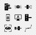 Set Digital door lock with wireless, VPN microchip circuit, , Eye scan, and Bezier curve icon. Vector Royalty Free Stock Photo