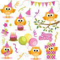 Set of digital elements with birthday party owl Royalty Free Stock Photo