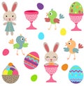 Set digital elements of easter with eggs birdies and bunnies