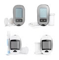 Set with digital glucometers, lancet pens and test strips on white background. Diabetes control Royalty Free Stock Photo