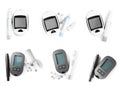 Set with digital glucometers, lancet pens and test strips on white background, top view. Diabetes control Royalty Free Stock Photo