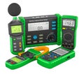 Set of digital measuring devices. Digital sound level meter, oscilloscope, multimeter, clamp meter multimeter, megohmmeter. 3D