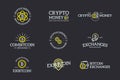 Set of digital money and bitcoin, cryptocurrency logo, labels and badges vector design elements on dark background Royalty Free Stock Photo