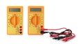 Set with digital multimeters on white background. Royalty Free Stock Photo