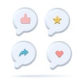 Set of digital notification tags, 3d render social media interface icons with like, heart, arrow and approval sign of