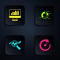Set Digital speed meter, Monitor with graph chart, Search data analysis and Pie infographic. Black square button. Vector Royalty Free Stock Photo
