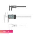 A set of digital vernier calipers with a display and a numeric scale. Realistic, lines and solid color design. Tools for