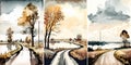 Set of digital watercolor illustration of a country road through the fields and lakes. Autumn landscape