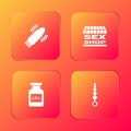 Set Dildo vibrator for sex games, Sex shop building, Bottle with pills potency and Anal beads icon. Vector