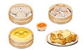 Set of dim sum, steamed dumplings and fried spring roll Royalty Free Stock Photo