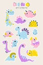 Set of Dino baby stickers. A collection of girly cute colorful dinosaurs in a simple childish drawn style. Isolated Royalty Free Stock Photo