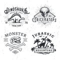 Set of Dino Logos. T-rex skull t-shirt illustration concept on grunge background. stegosaurus adventure park insignia