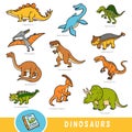 Set of dinosaurs, collection of vector animals with names in English. Cartoon visual dictionary for children Royalty Free Stock Photo