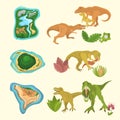 Set of dinosaurs including T-rex, Brontosaurus, Triceratops, Velociraptor, Allosaurus, prehistorical islands and floras