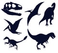 Set of dinosaurs and pterosaurs silhouettes on white, tyrannosaurus, pteranodon, pterodactylus, skull, iguanodon