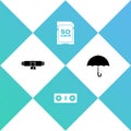 Set Diploma rolled scroll, Bluetooth speakers, SD card and Umbrella icon. Vector