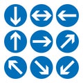 Set of direction signs. Blue circle mandatory informational symbols. Vector illustration isolated on white. White simple arrows. N Royalty Free Stock Photo