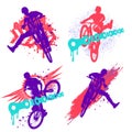 Set of dirt jumping silhouette, colorful grunge style. Bicycle mtb trick jump. Party, poster, t-shirt, flyer, leaflet