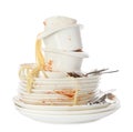 Set of dirty dishes with spaghetti leftovers on white Royalty Free Stock Photo