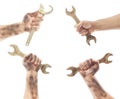 Set of dirty and oily hand holding wrench tool Royalty Free Stock Photo