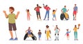 Set Of Disabled People. Adults And Children Characters With Disabilities. Arm Or Leg Prosthesis, Wheelchair, Crutches