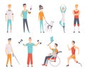 Set of Disabled people. Young invalid persons. Dog companion and blind girl. Young handicapped person. Athlete with Arm