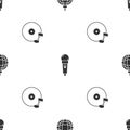 Set Disco ball, Microphone and Vinyl disk on seamless pattern. Vector Royalty Free Stock Photo