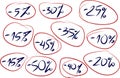 set of discont 5-50 percents sloppy handwriting Royalty Free Stock Photo