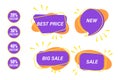 Set of discount badges, stickers with text and percentages, purple and orange abstract design. Advertising labels. Royalty Free Stock Photo